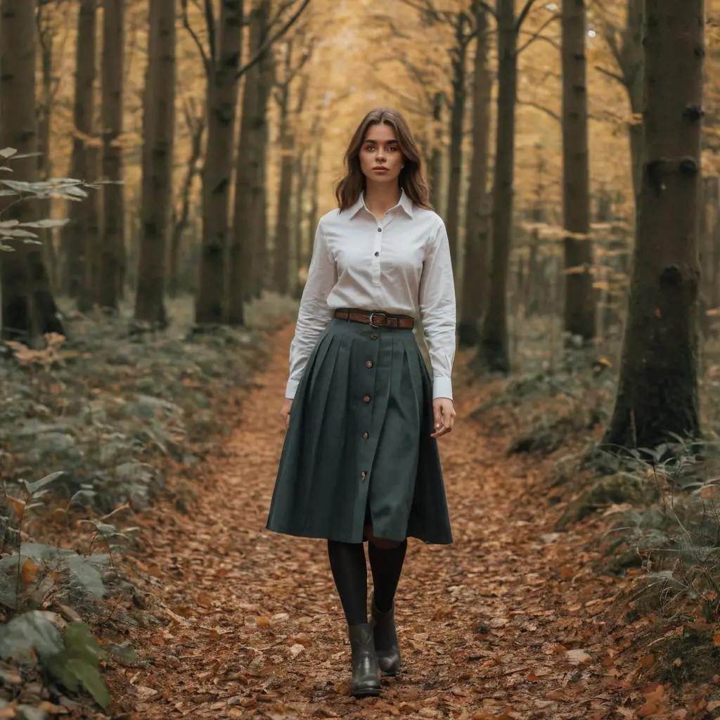 Eine Frau geht in einem geknöpften Hemd und einem Midirock durch einen herbstlichen Wald