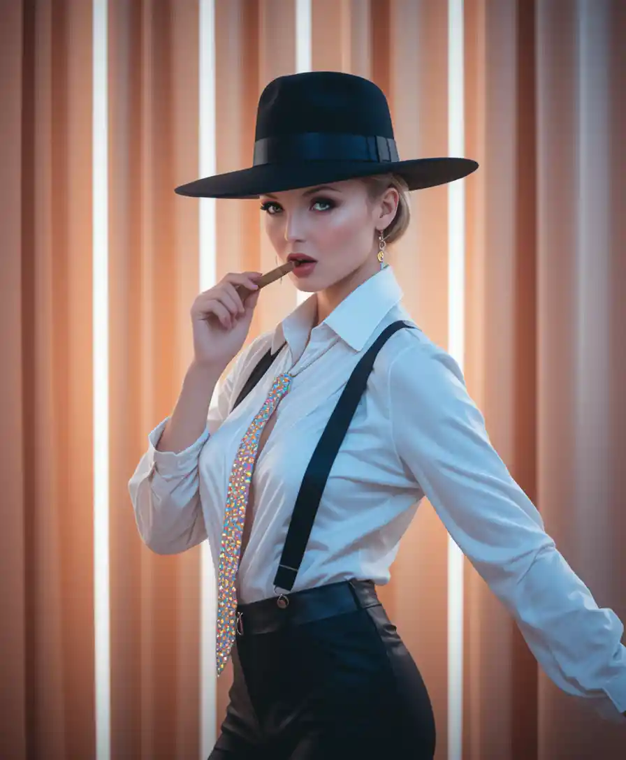 Retrato de moda de una mujer con un puro frente a cortinas color melocotón