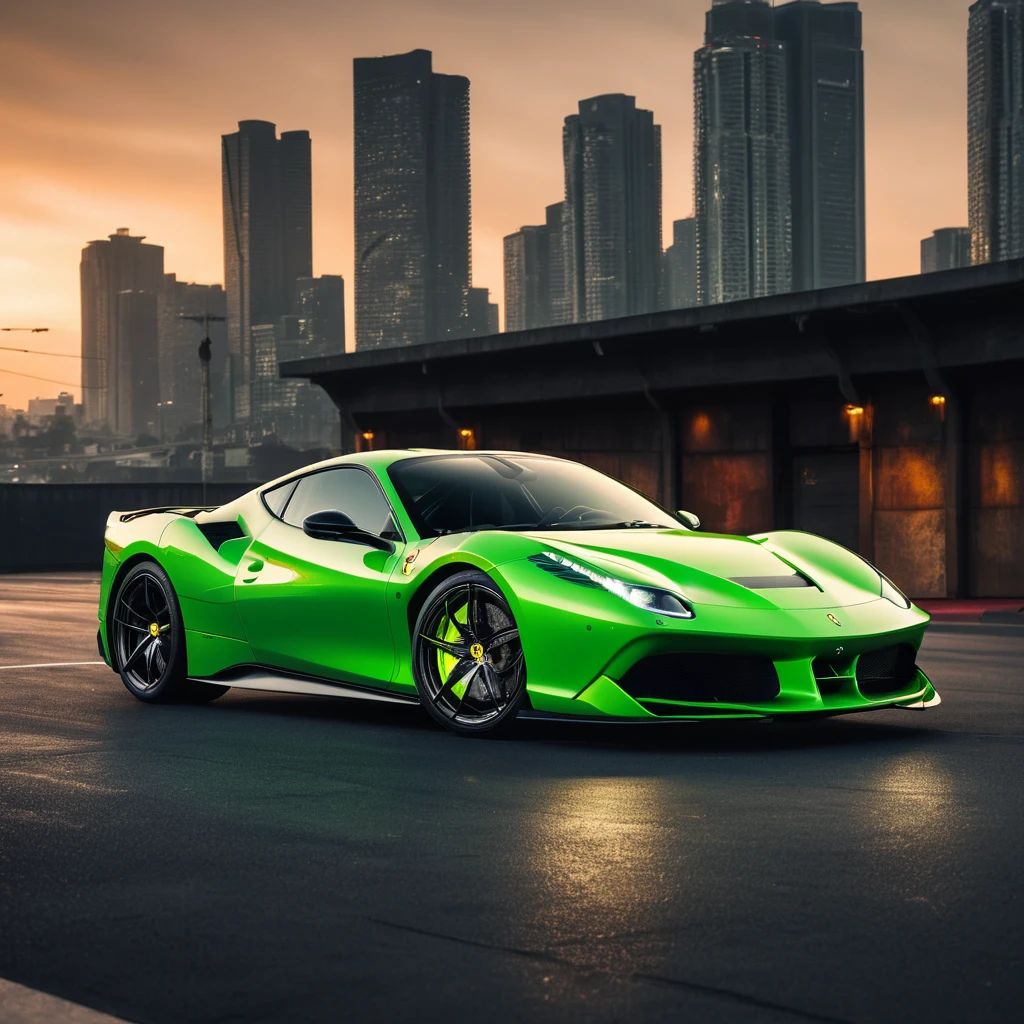 Um carro esportivo Ferrari verde-neon diante de uma paisagem urbana sombria ao pôr do sol