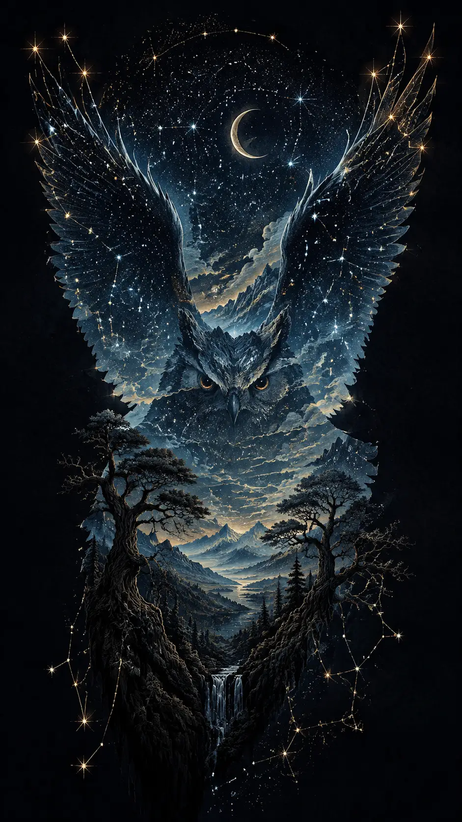 A majestic owl silhouette frames a moonlit mountain landscape
