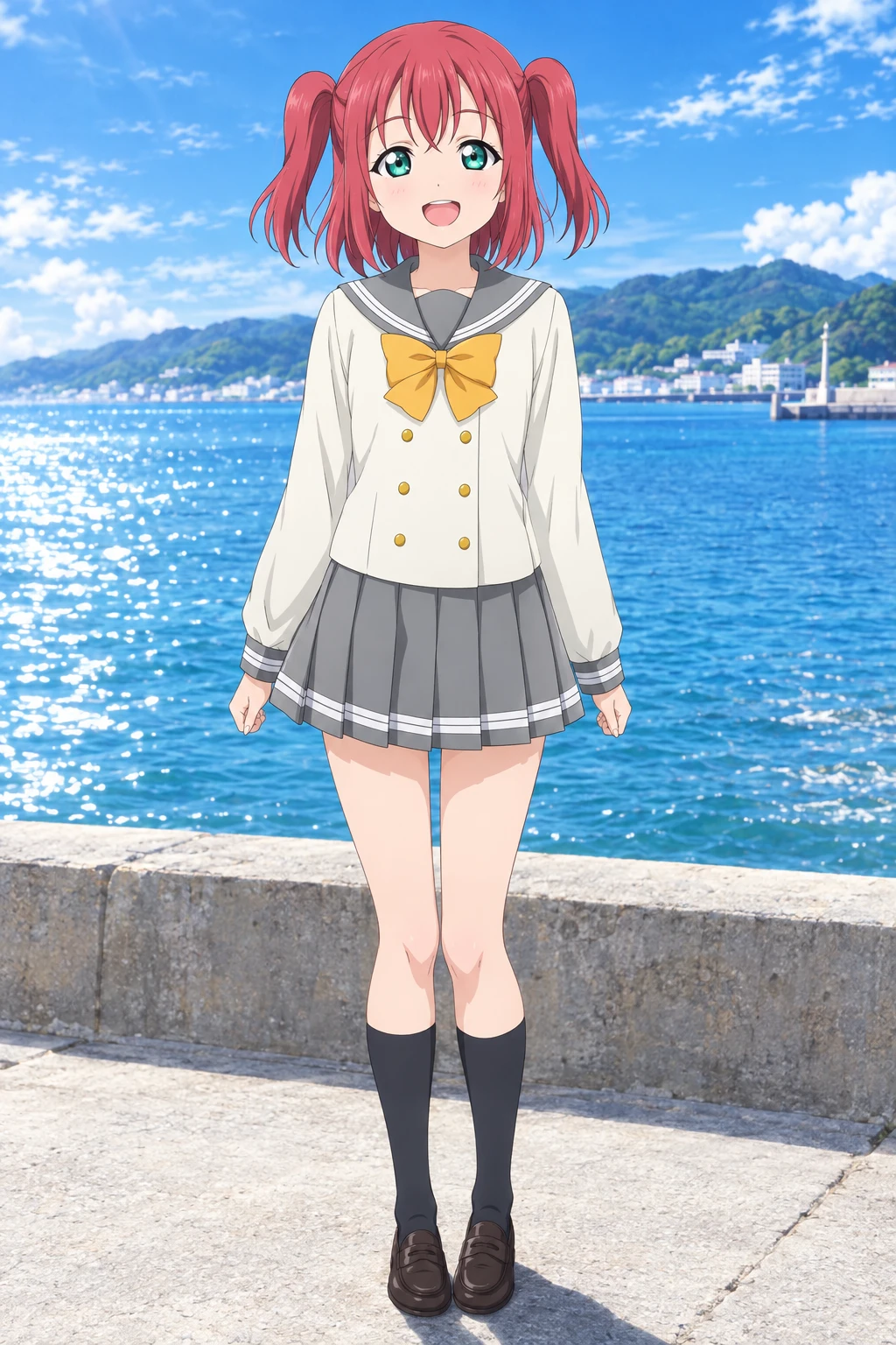 Ruby Kurosawa sorri à beira-mar com o uniforme escolar de Uranohoshi