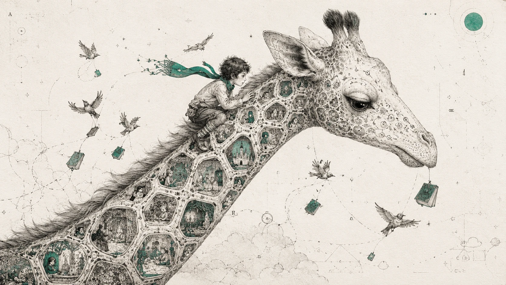 Ein Kind erklimmt eine Giraffe, deren Flecken vergessene Märchen öffnen