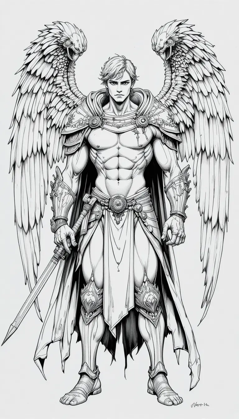 A winged angel warrior stands in a heroic pose