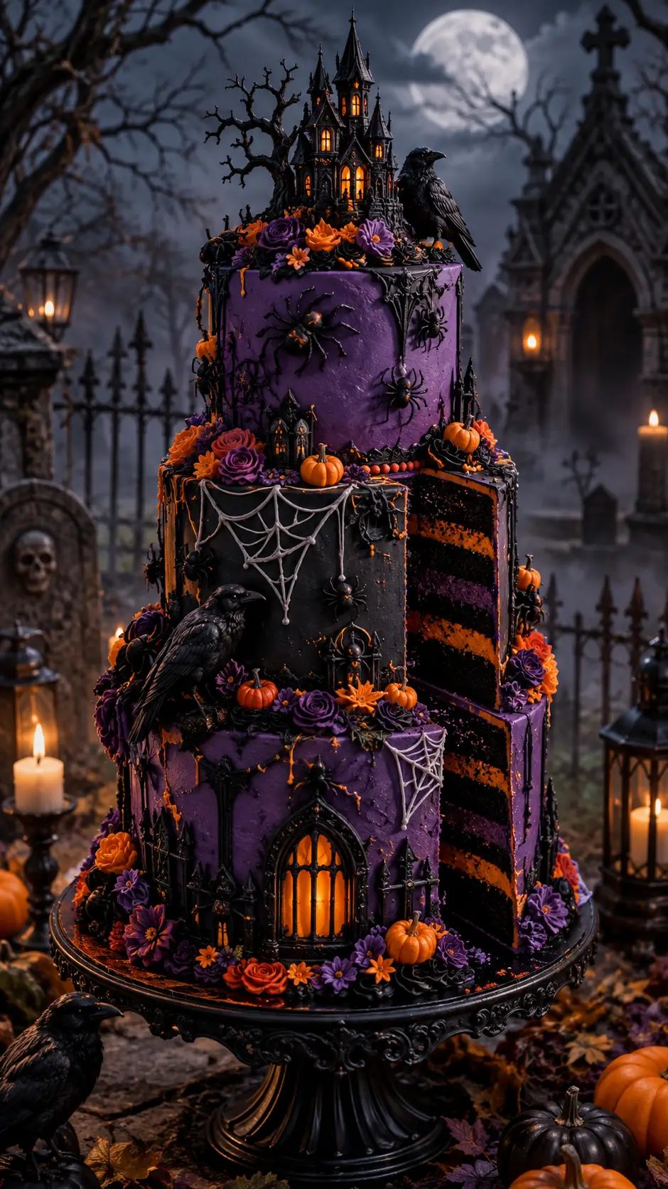Bolo de Halloween de três andares com aranhas e corvos em um cemitério gótico