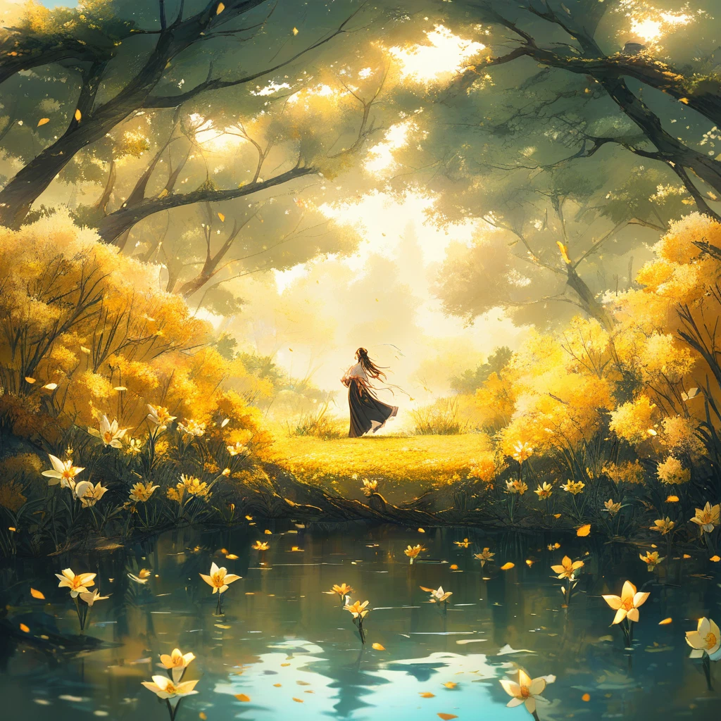 Golden daffodils dance beside a lake beneath the trees