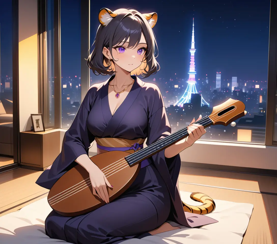 A tiger woman plays shamisen in a Tokyo penthouse at night