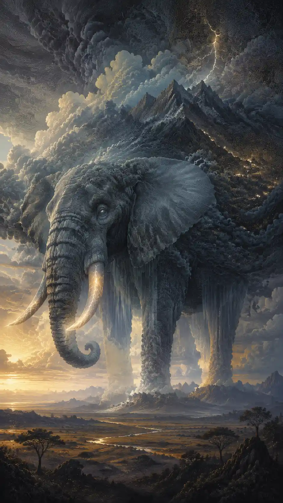 Un éléphant de nuages d’orage transporte des éclairs au-dessus d’un paysage montagneux