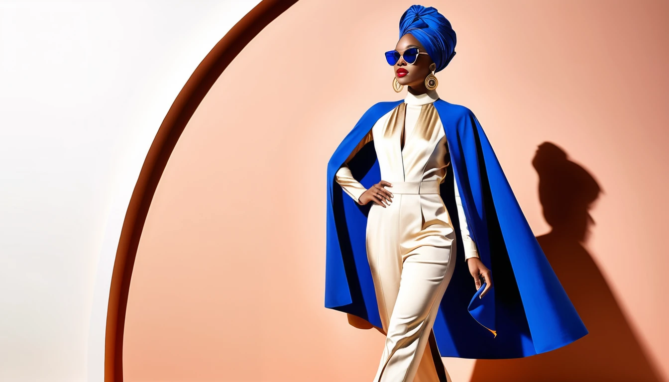 Uma mulher elegante avança com passos firmes usando um macacão com capa e estampado geométrico arrojado