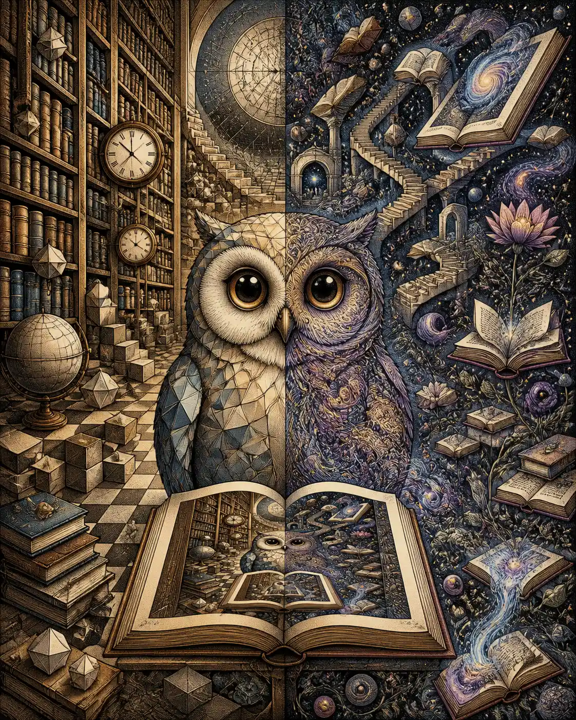 Uma coruja entre a ordem e a magia numa biblioteca fantástica