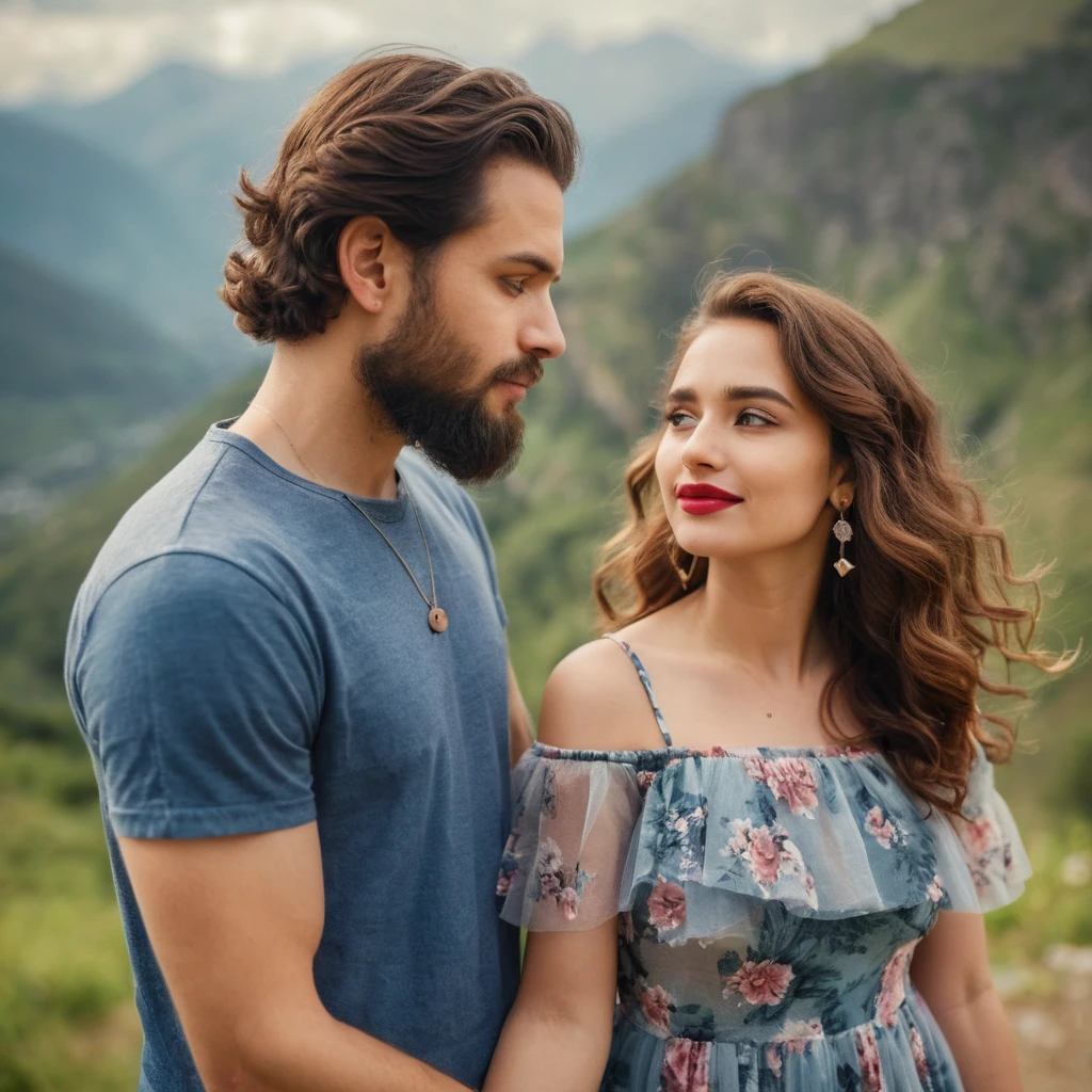 Um casal troca um abraço carinhoso com as montanhas ao fundo