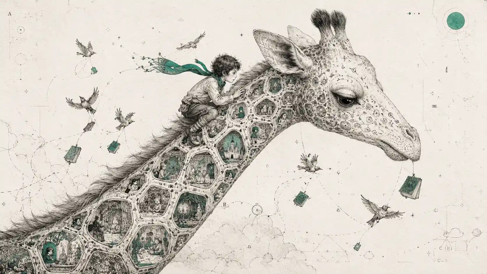 A child climbs a giraffe whose spots open into forgotten fairy tales