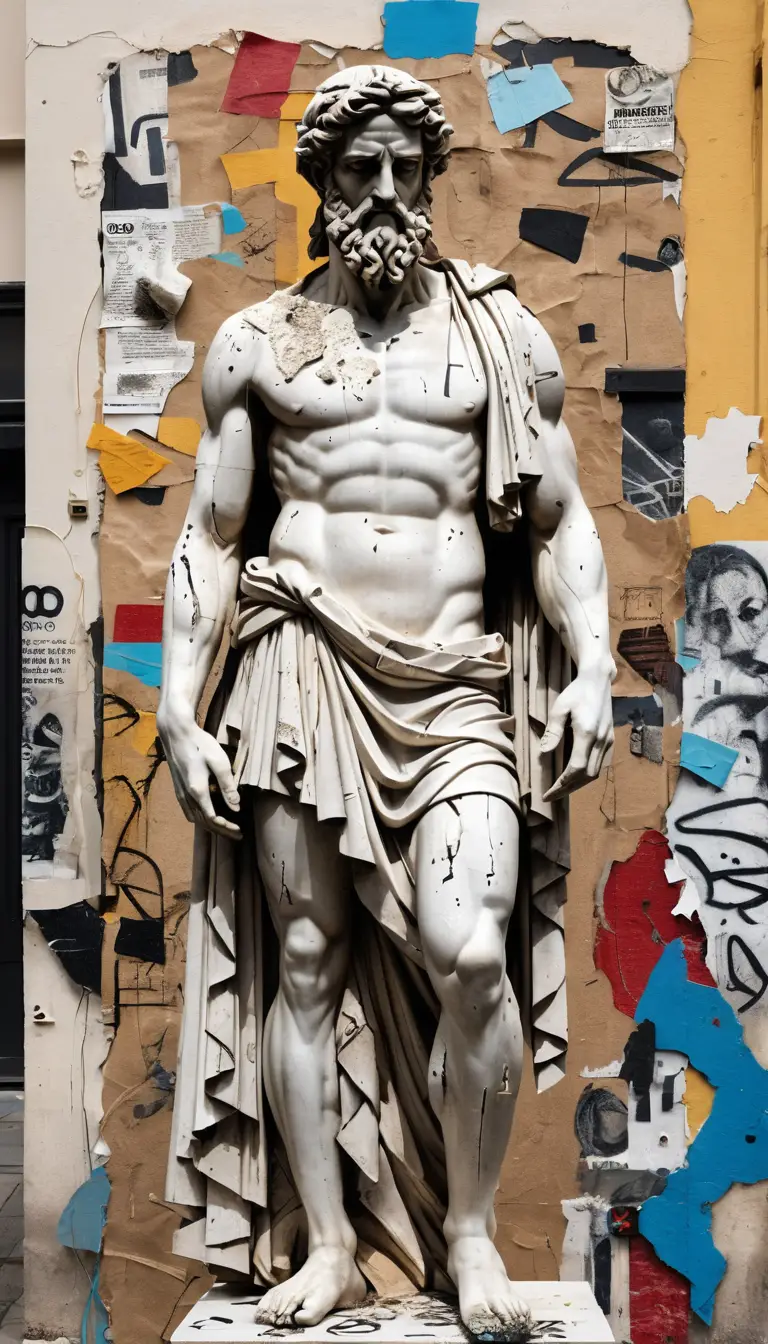 Eine verwitterte griechische Götterstatue als Street-Art-Collage