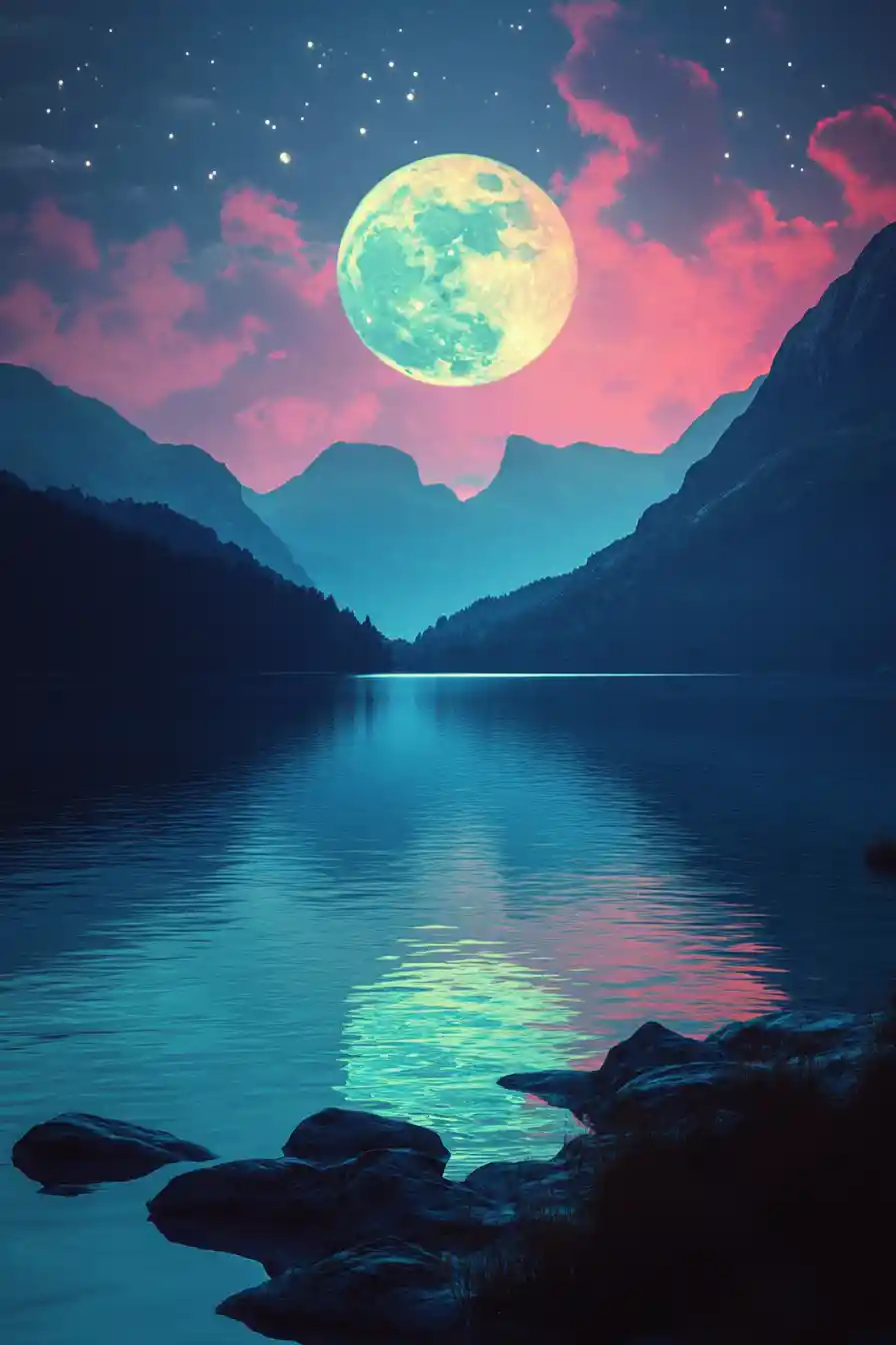 A tranquil midnight lagoon with soft, mellow visual textures