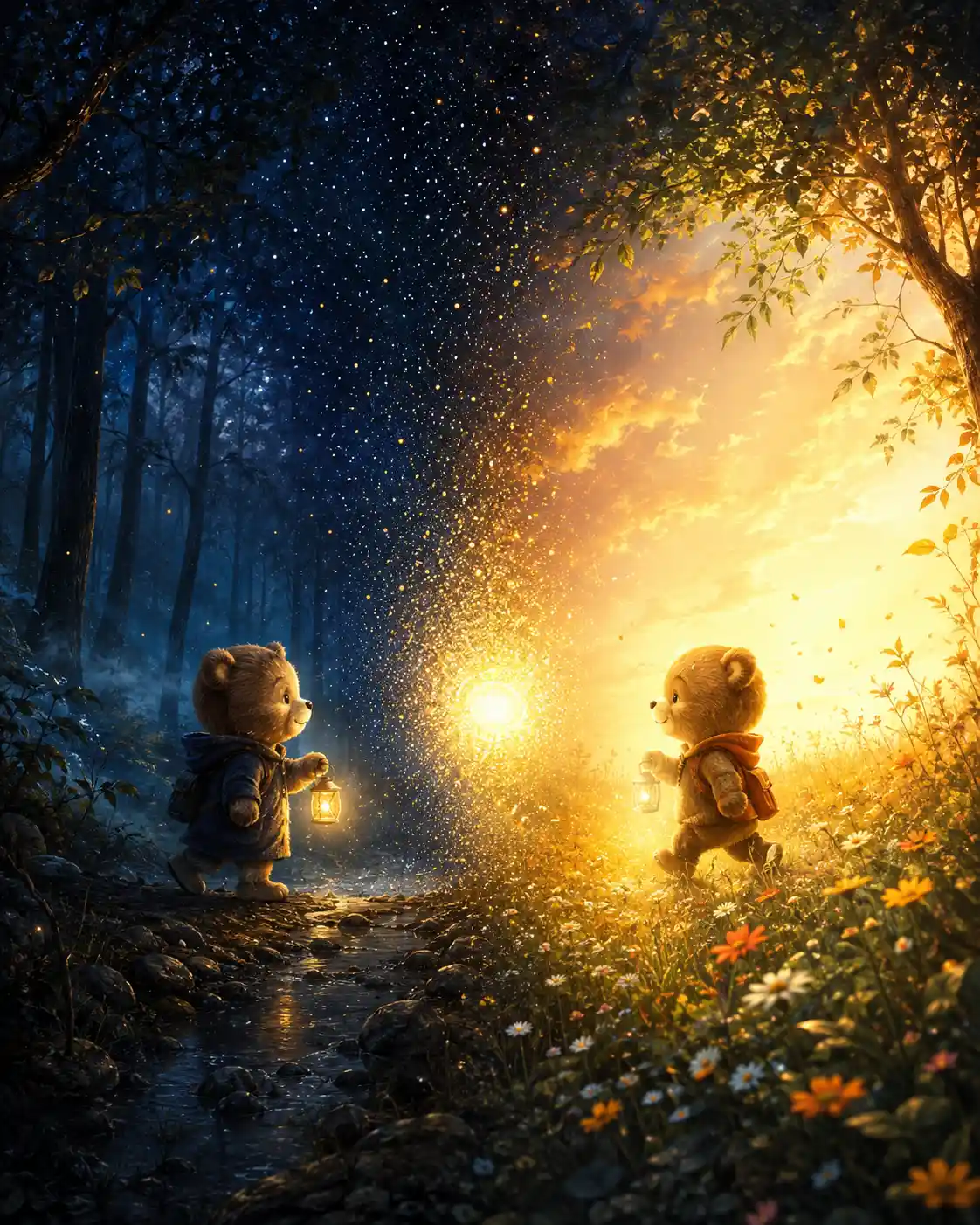 A Tiny Bear Carries a Glowing Lantern Through a Misty Forest