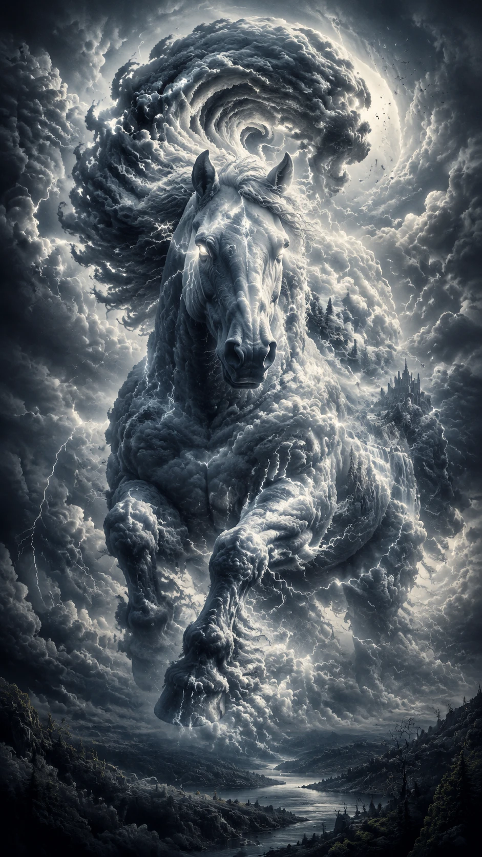 Um cavalo feito de nuvens galopa por uma tempestade em espiral