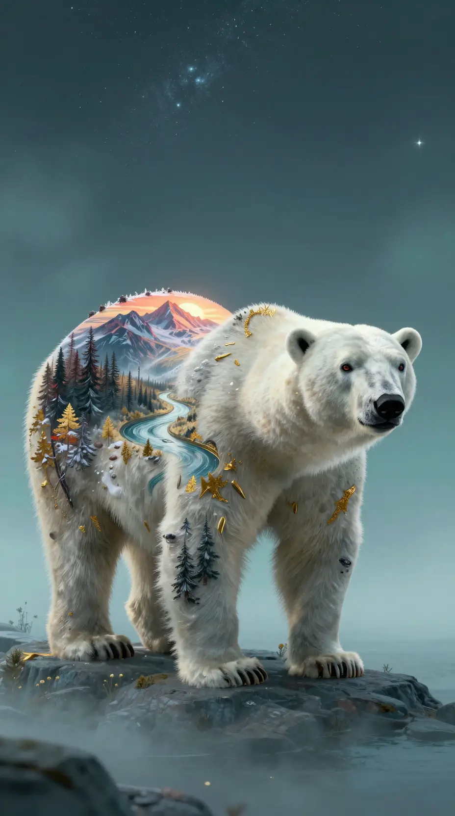A snowy polar bear with intricate landscapes embedded across its form