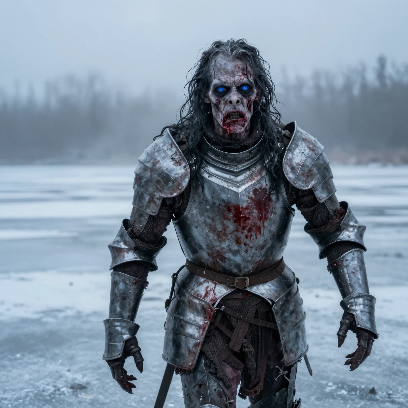 Un zombie ensanglanté en armure titube dans le brouillard en direction du spectateur
