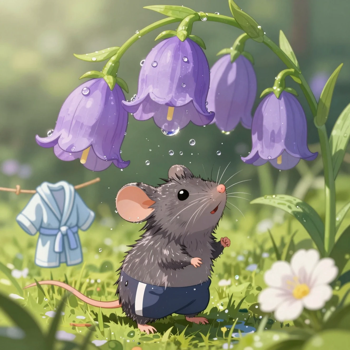 Eine winzige Maus duscht unter einer Glockenblume mit Tautropfen