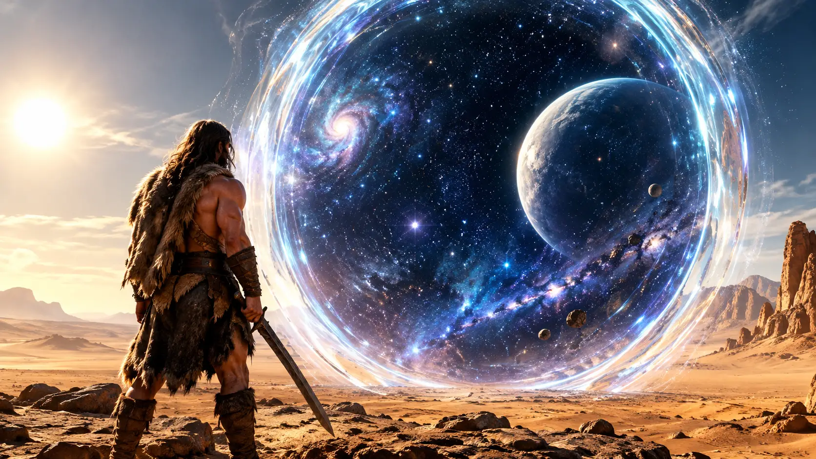 A lone barbarian beholds a colossal portal opening onto distant stars