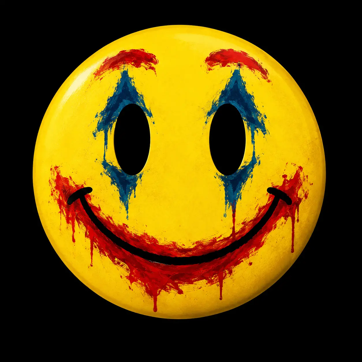 A yellow smiley sign with a Joker mask inspired face