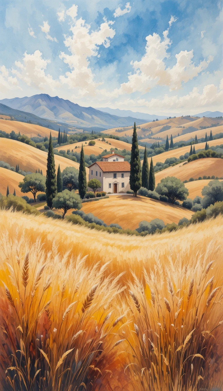 Uma pintura impressionista de uma casa de campo provençal entre ciprestes e colinas douradas