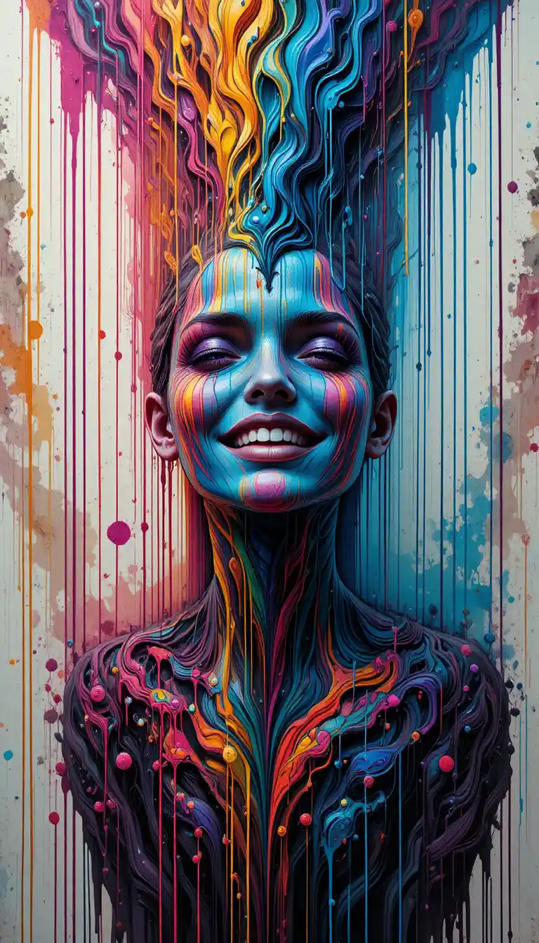 A cascade of sacred geometry and liquid paint forms a smiling bird of prey
