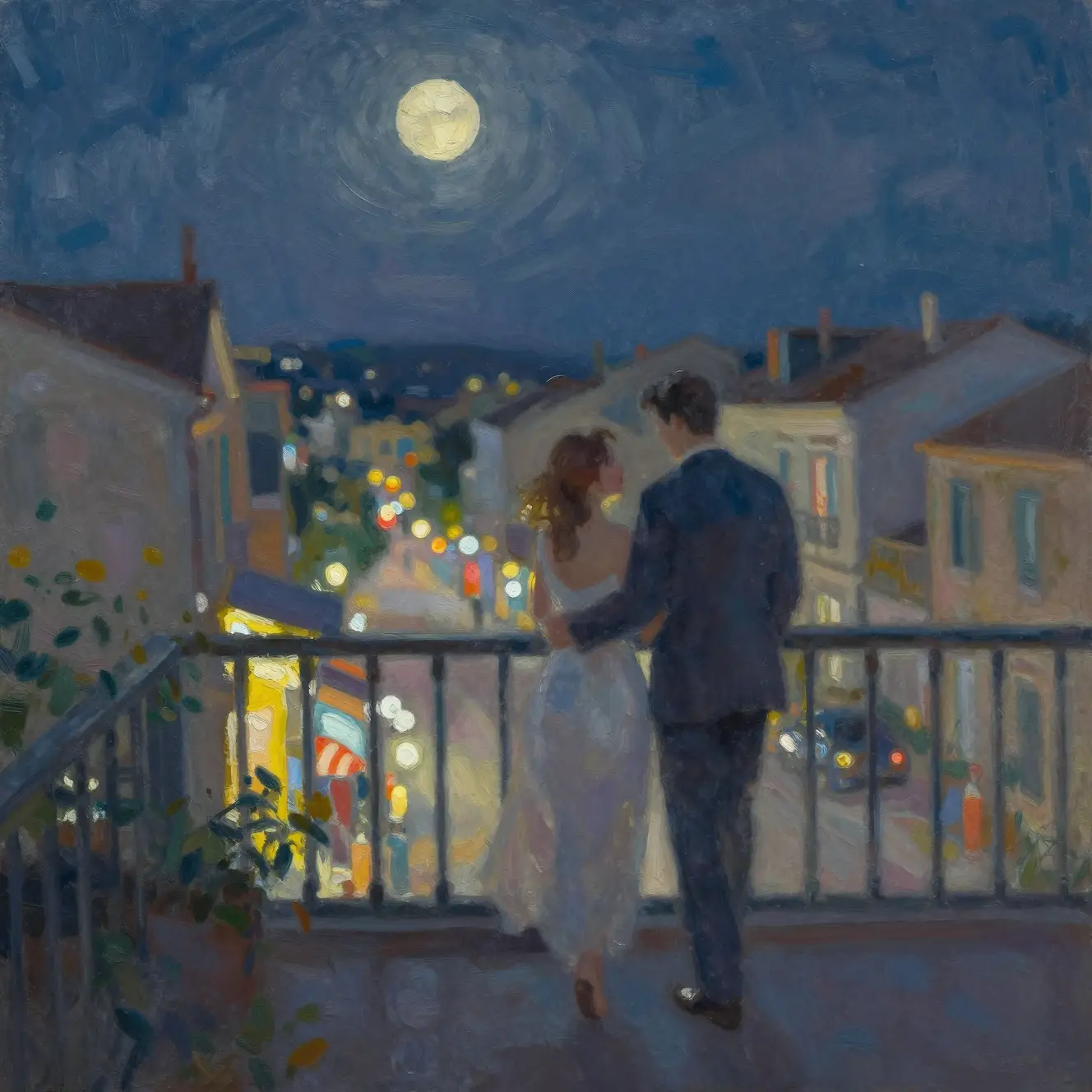 A Romantic Couple Strolling Across a Moonlit Balcony at Night