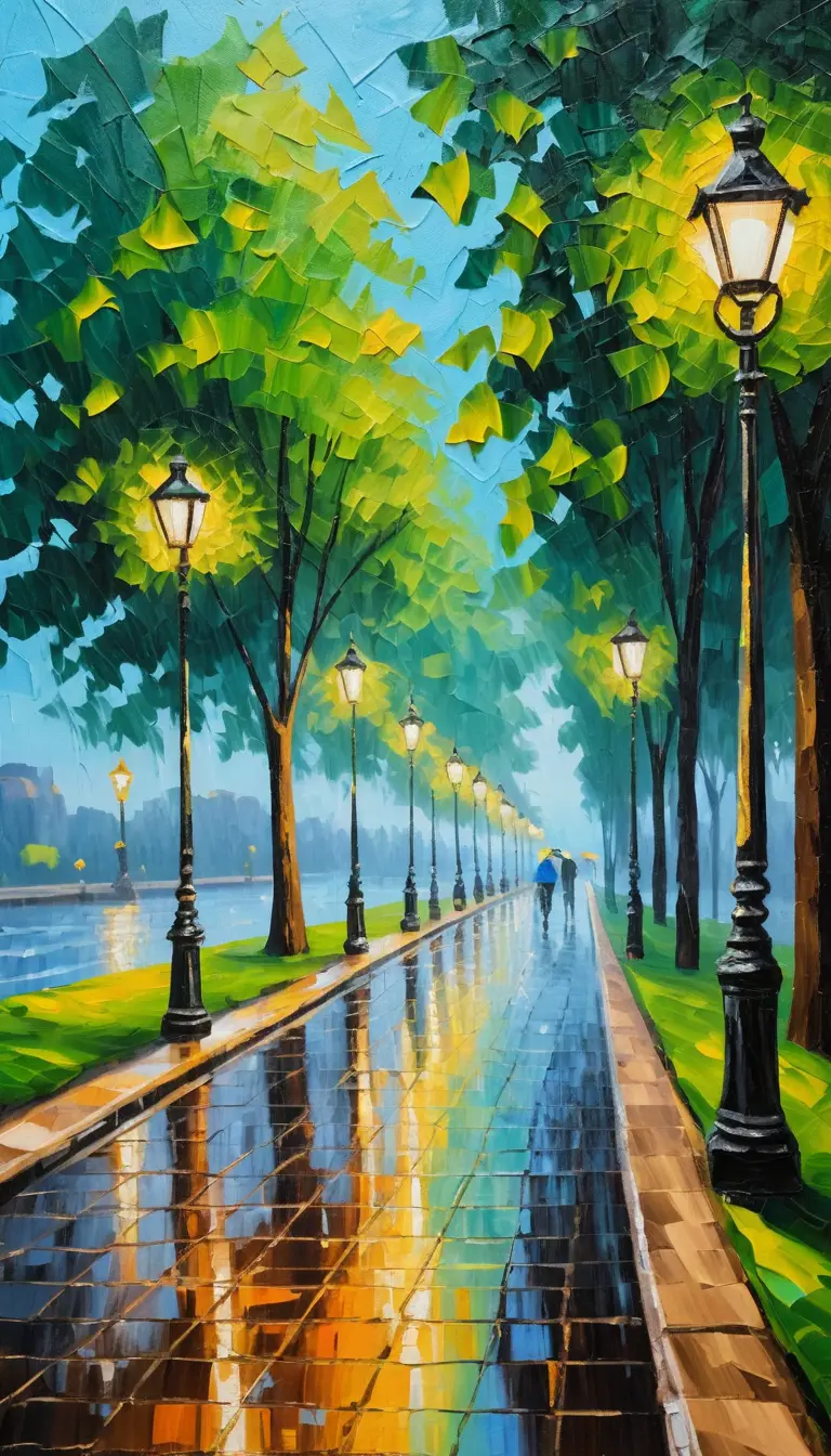 Uma cena de parque em estilo impasto, com postes de iluminação e um guarda-chuva sob a chuva de verão