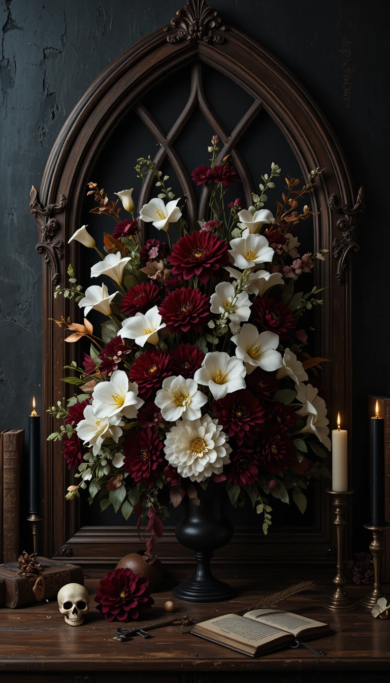 Uma moldura em arco gótico envolve um arranjo floral de Halloween sombrio