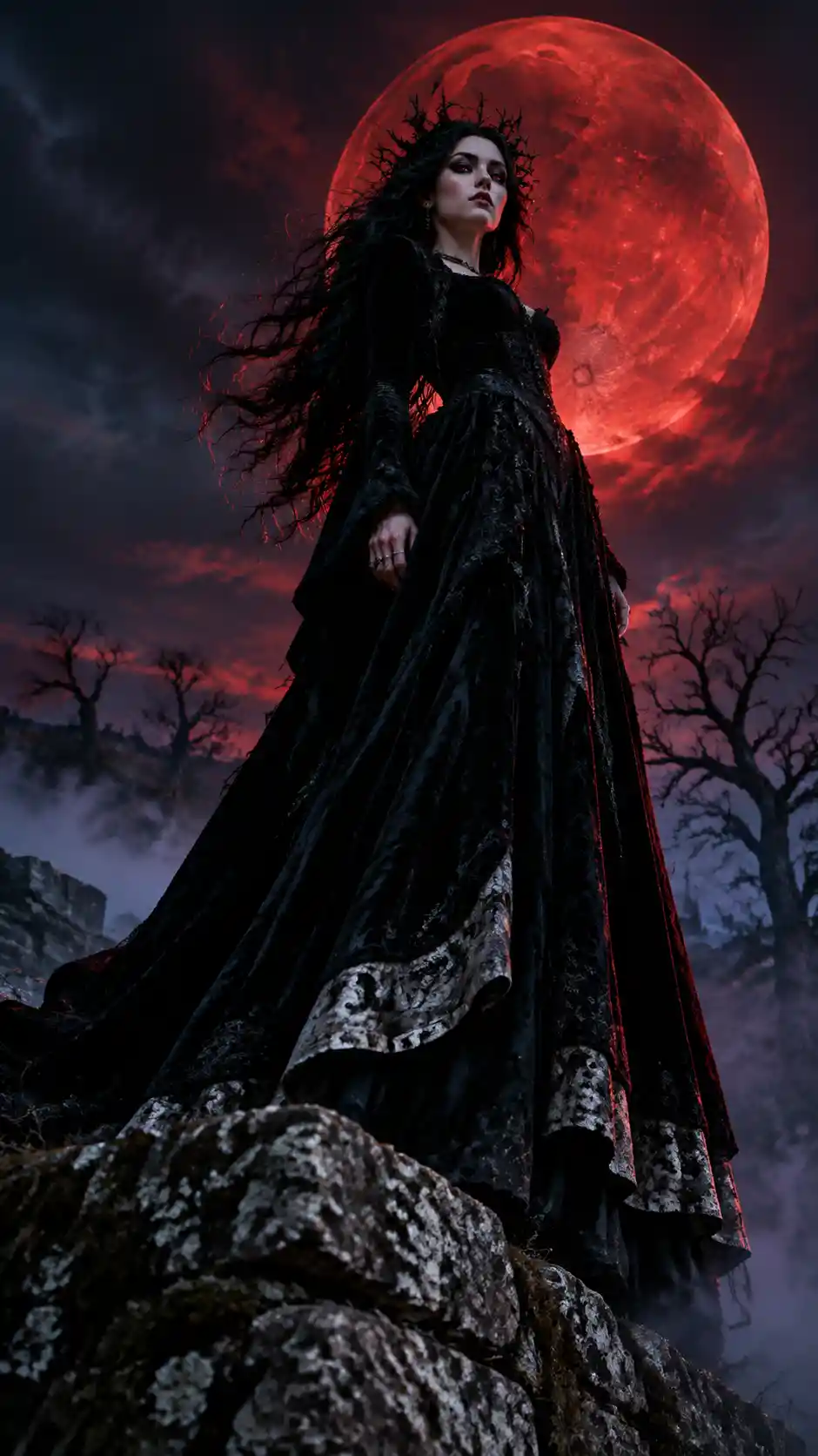 A gothic woman stands on weathered stone walls beneath a crimson moon