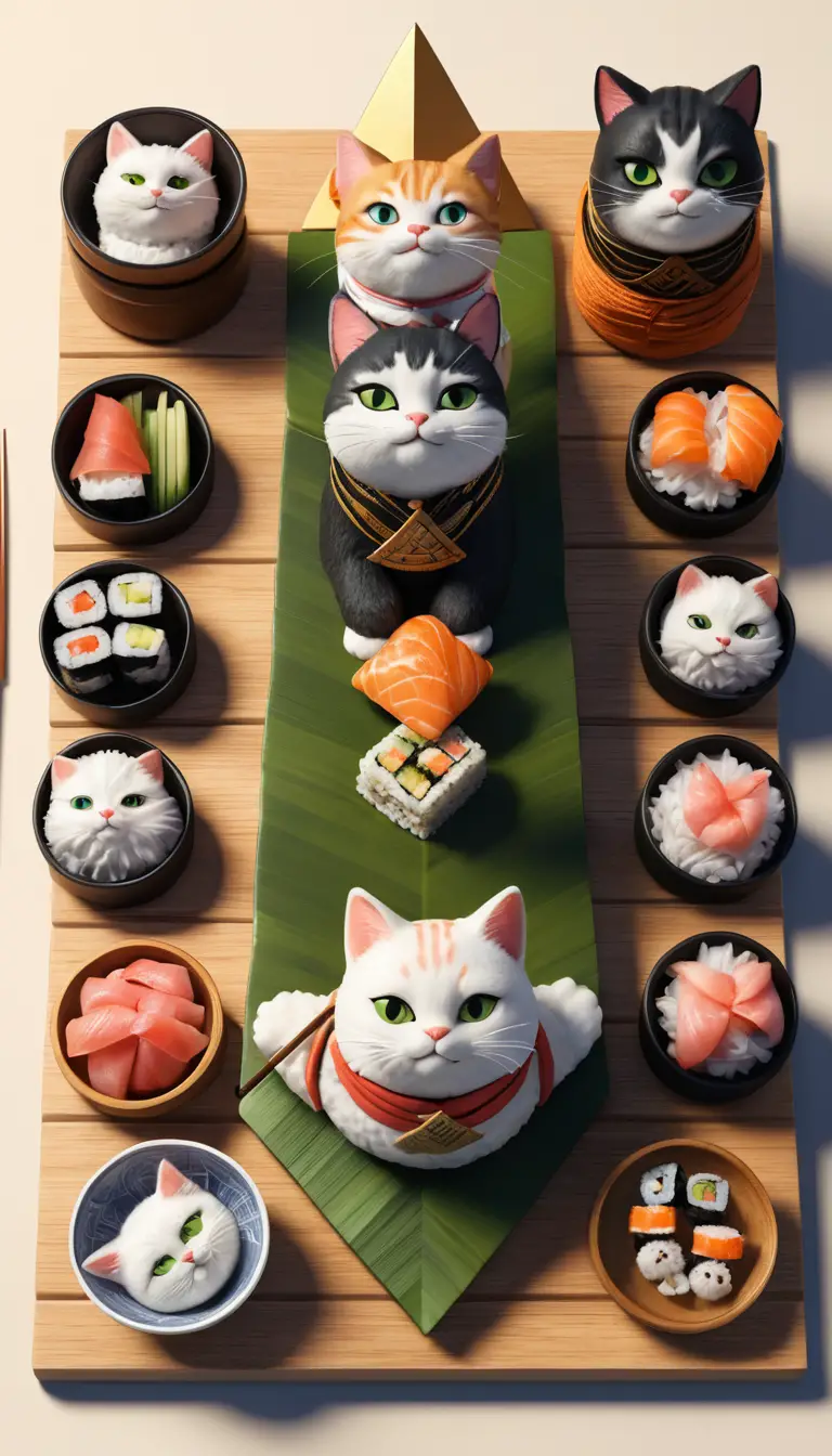 Uma pilha de rolos de sushi forma uma pirâmide egípcia sobre uma mesa
