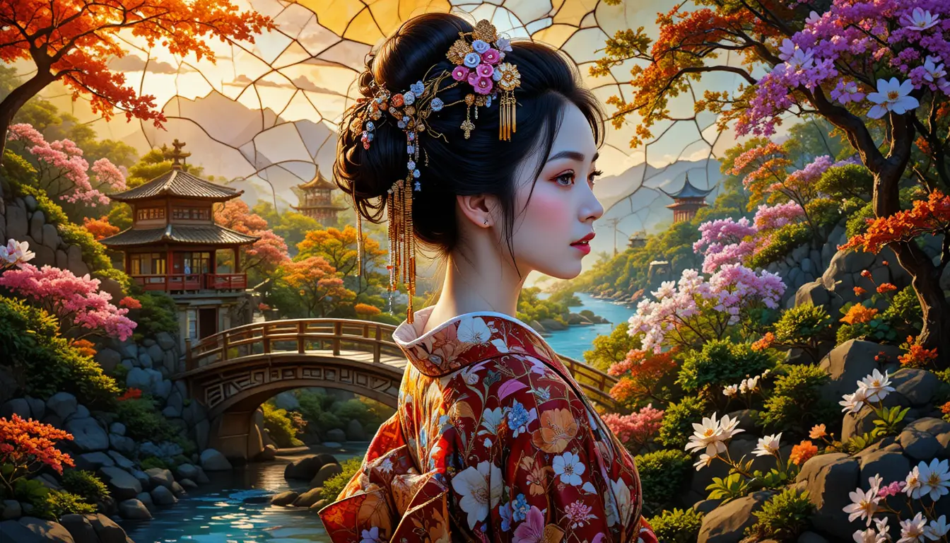 화려한 스테인드글라스 속 머리 장식을 한 일본 게이샤 초상화