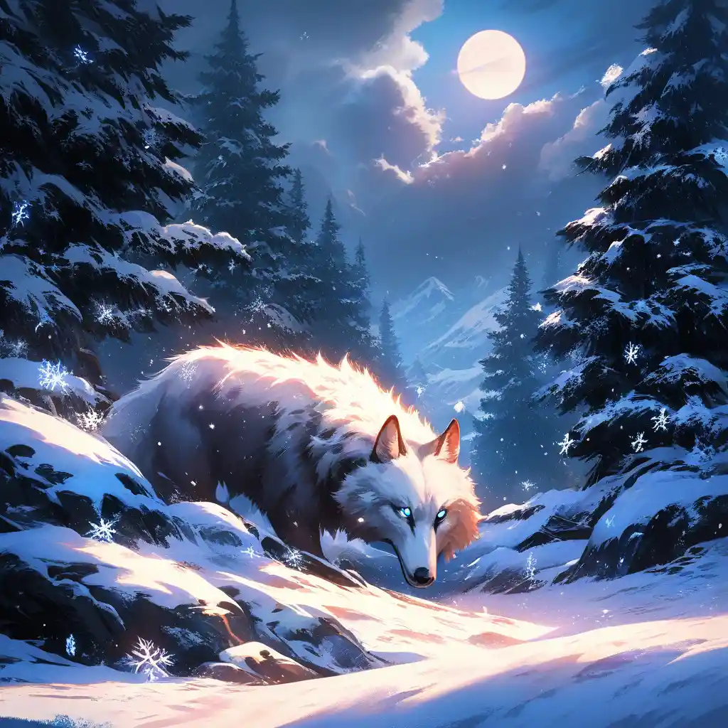 Um lobo majestoso observa sob a lua cheia numa paisagem de inverno coberta de neve
