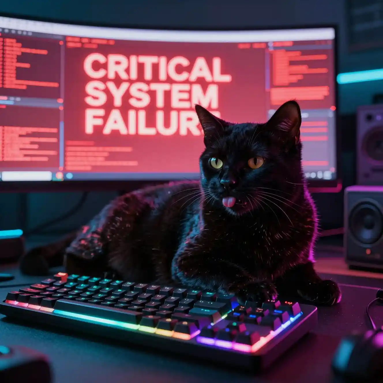 Black cat lounges on a glowing keyboard in a high-tech studio