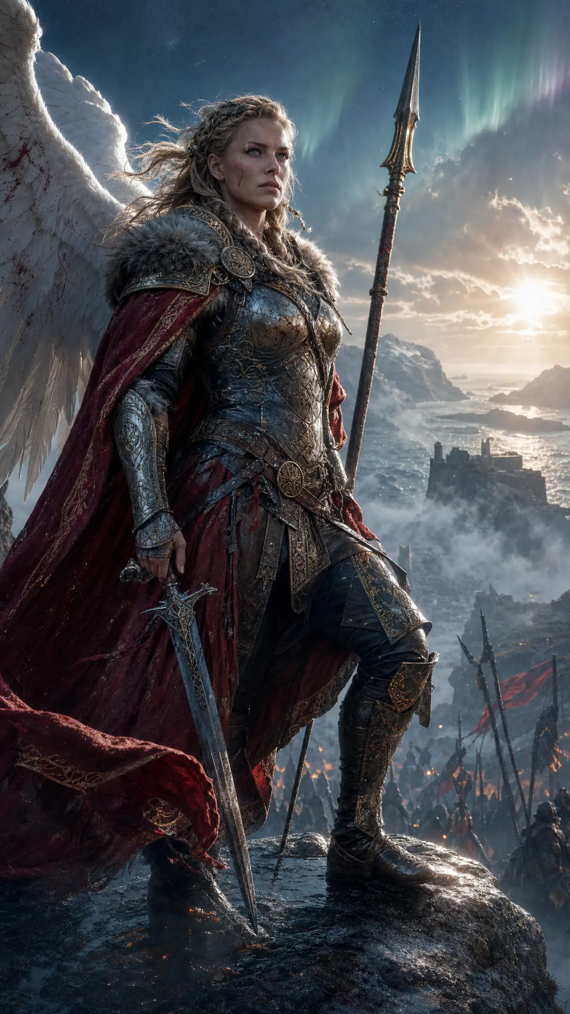 A Norse Valkyrie stands on a windswept cliff above a misty battlefield