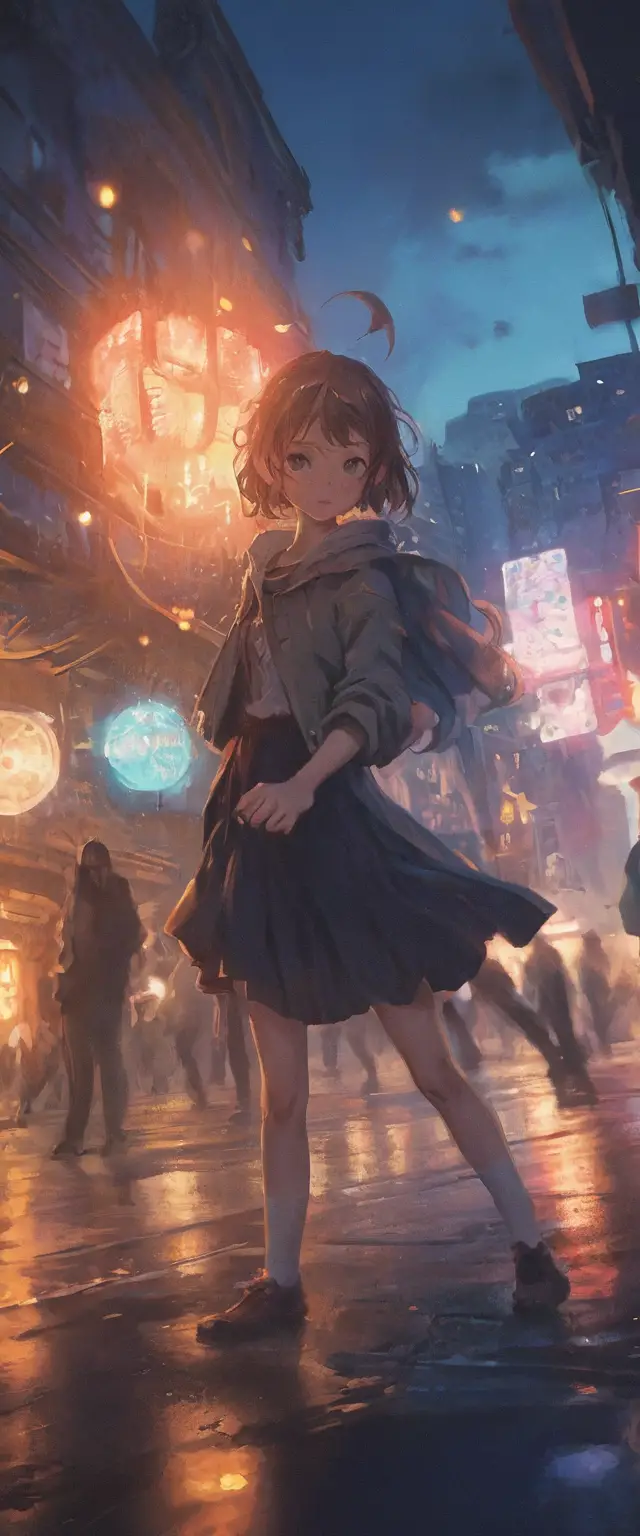 A laughing hero raises a hand in a tilted magical scene