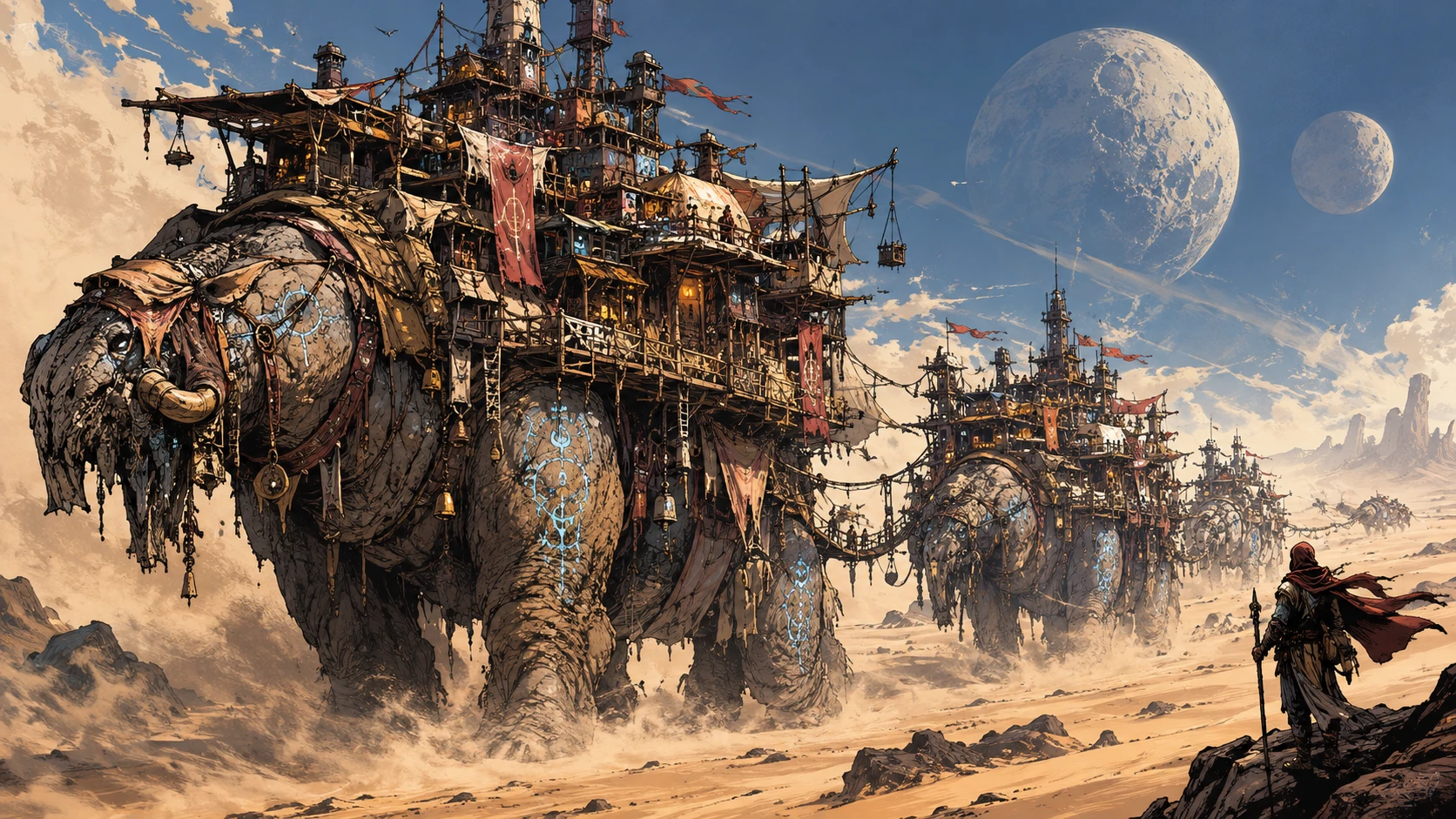 遊牧城市在兩輪月亮下橫越異星沙漠