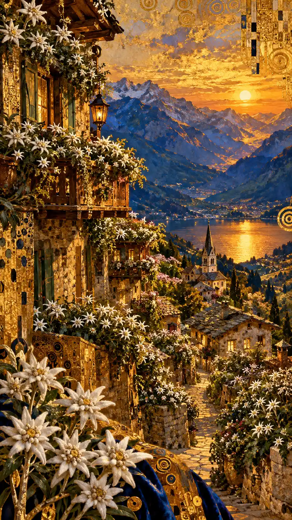 Un villaggio alpino appartato risplende sotto un elaborato tramonto color ambra