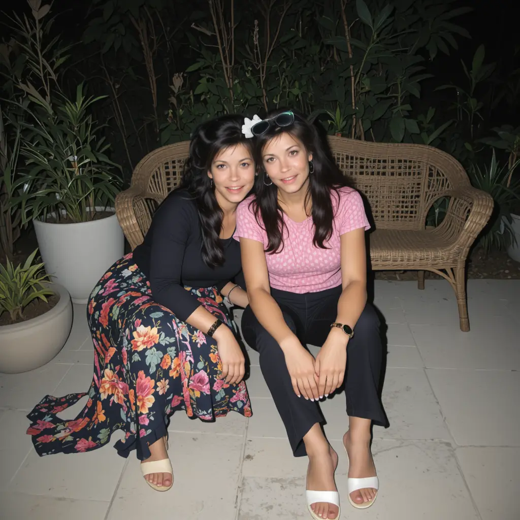 Two women share a warm smile on a garden patio at night