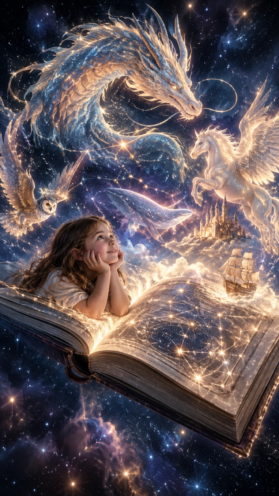 Um livro de histórias aberto flutua sob constelações em um vazio estrelado