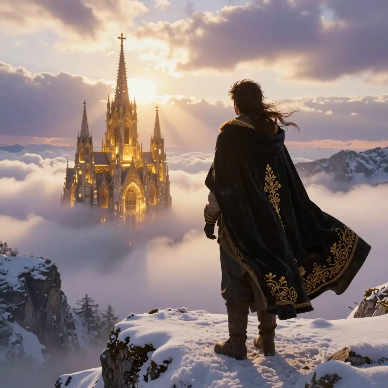 A cloaked traveler faces a cathedral suspended above snowy mountain valleys