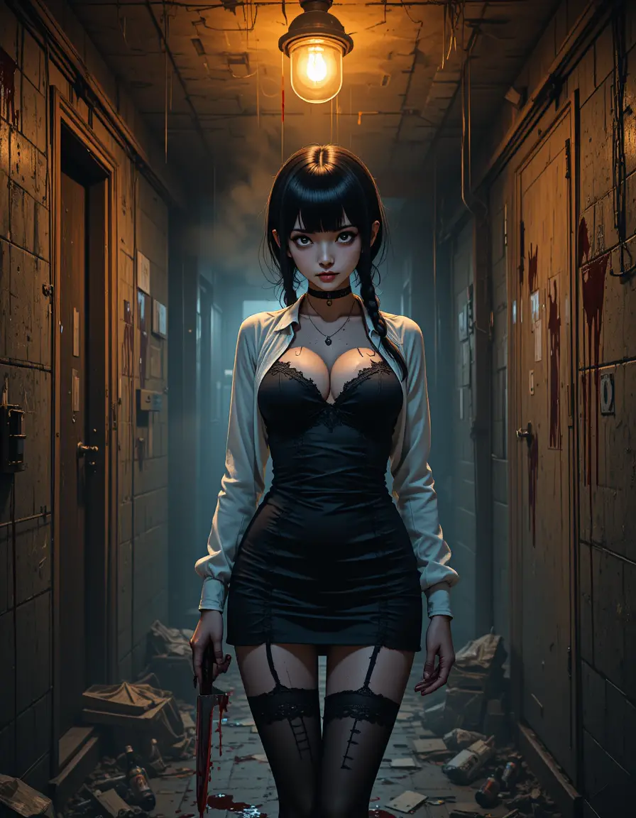 Anime-Mädchen mit blutigem Hackbeil in einem staubigen Keller