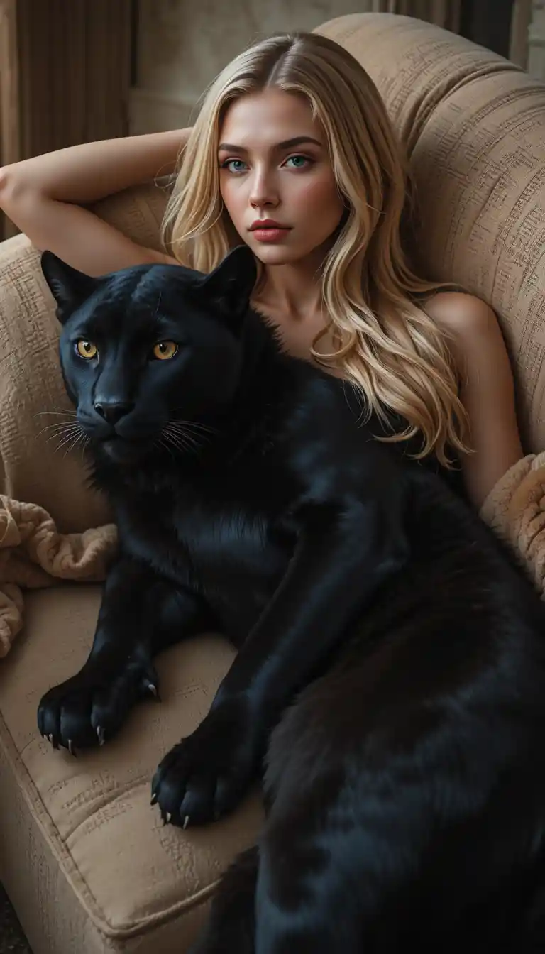 A blonde woman reclines with a black panther on a beige sofa