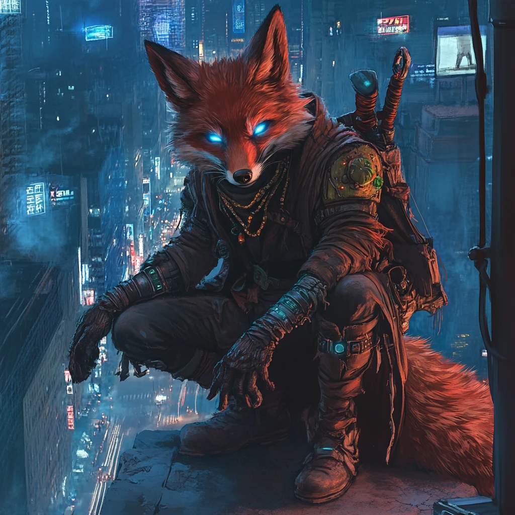 A red fox guardian watches the city from a rooftop at night