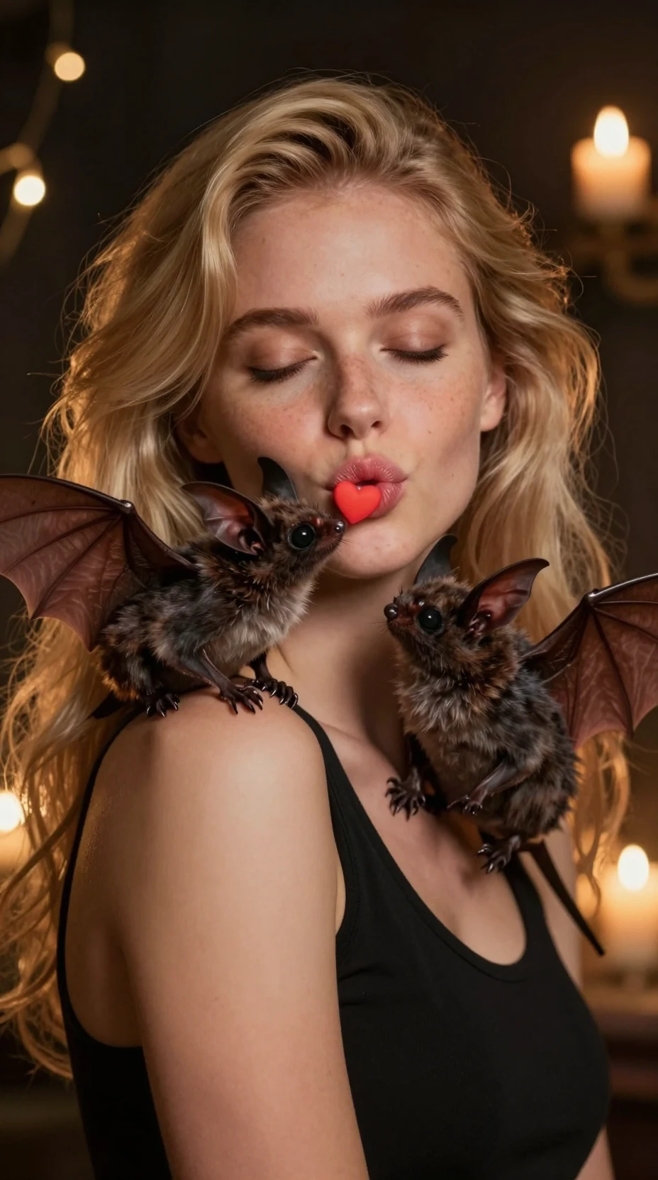 A woman kisses a fluffy bat while another watches jealously