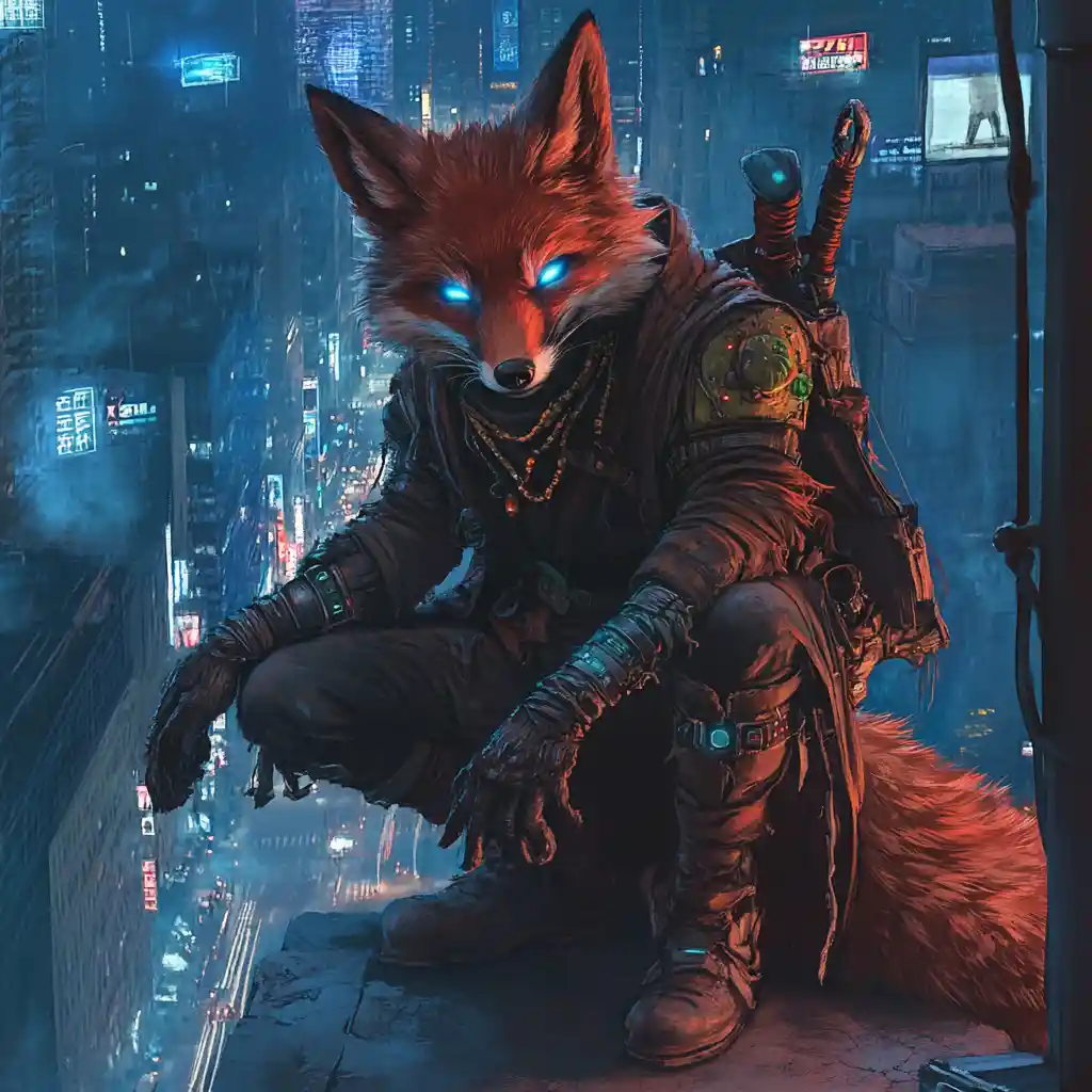 A red fox guardian watches the city from a rooftop at night
