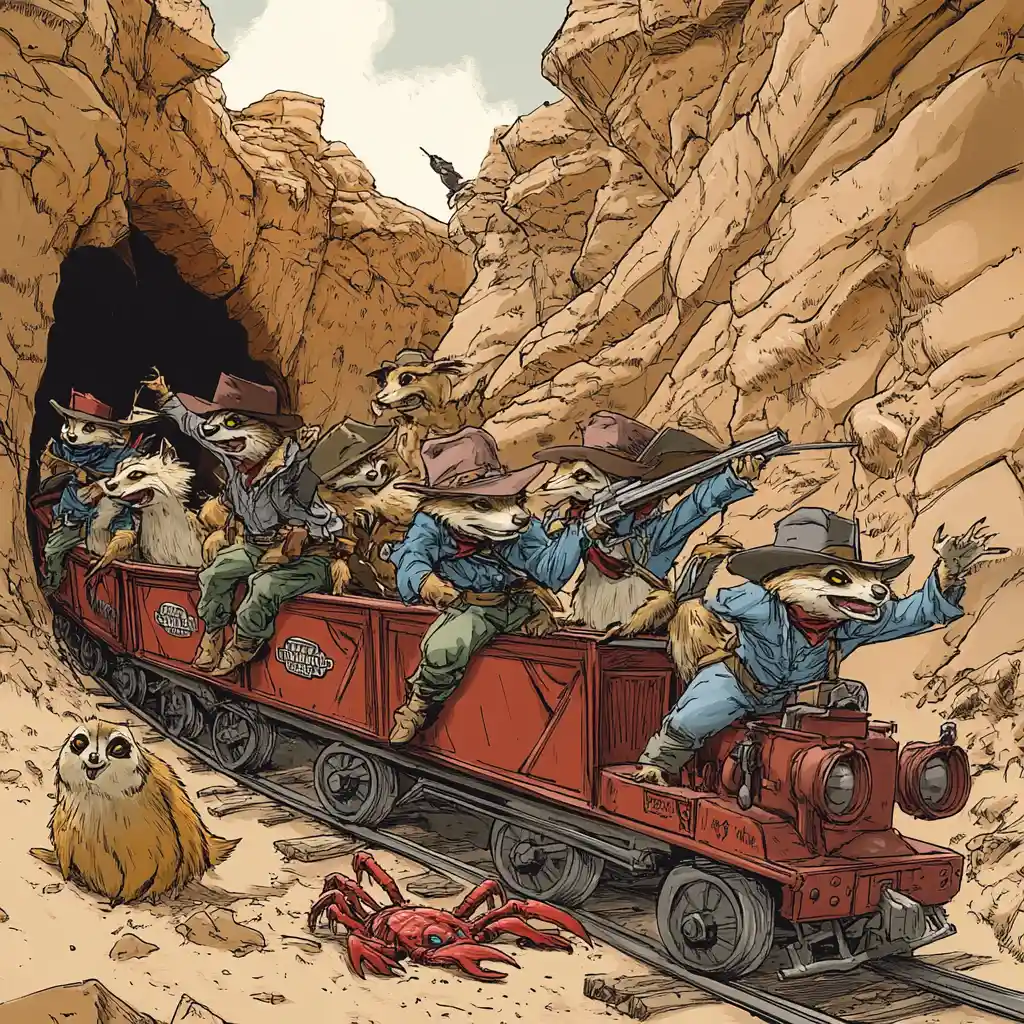 Des suricates hors-la-loi attaquent un train dans un canyon désertique poussiéreux