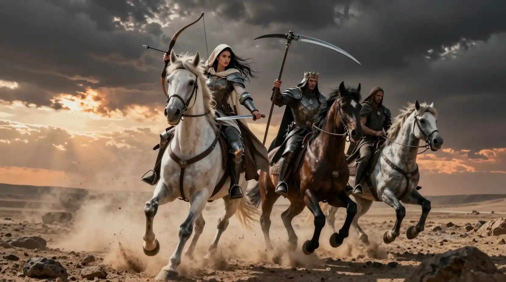 Four Horsemen Charge Across a Dusty Desert Beneath Storm Clouds