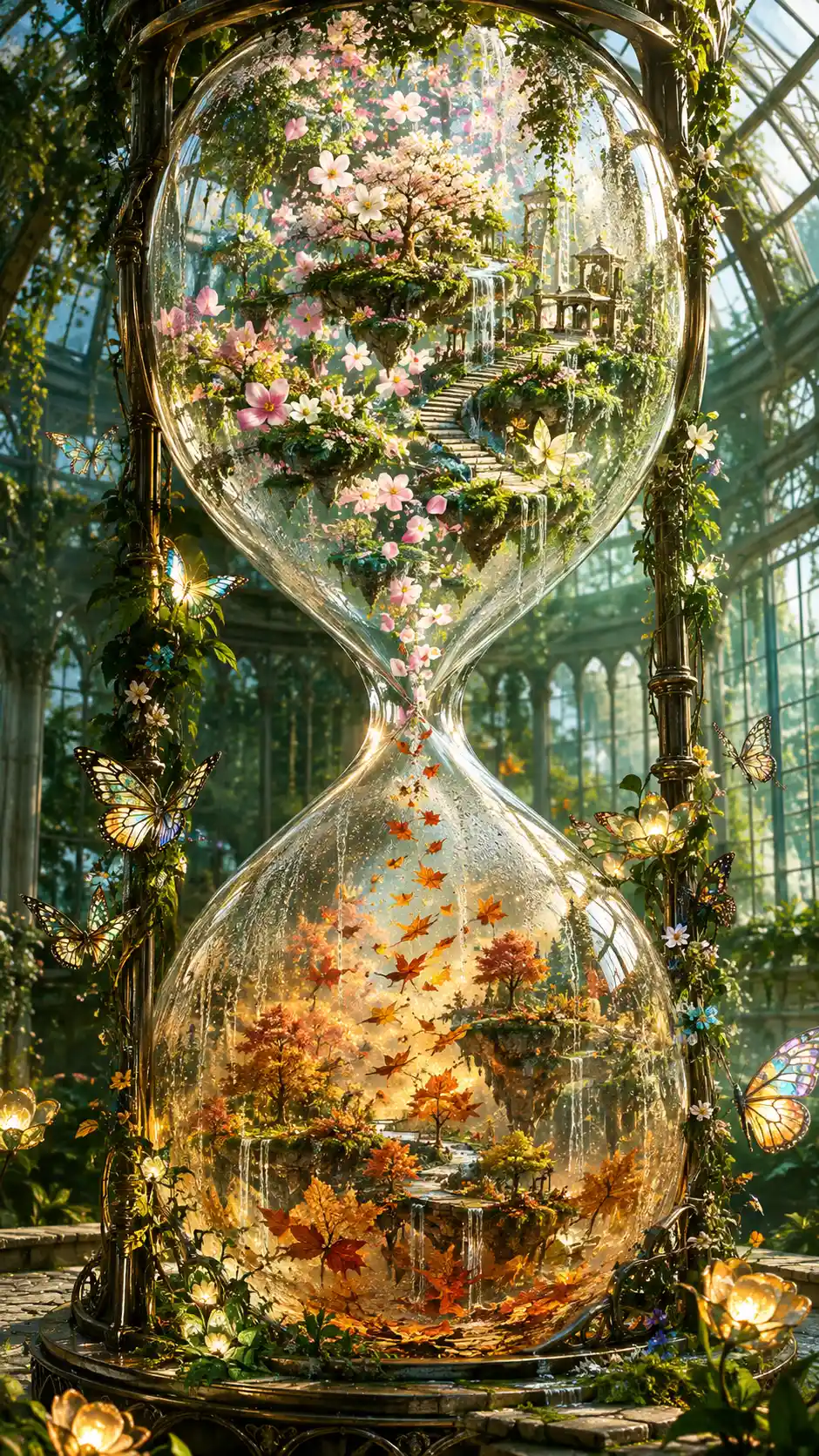 An enormous hourglass holds flowing seasons in a forgotten greenhouse