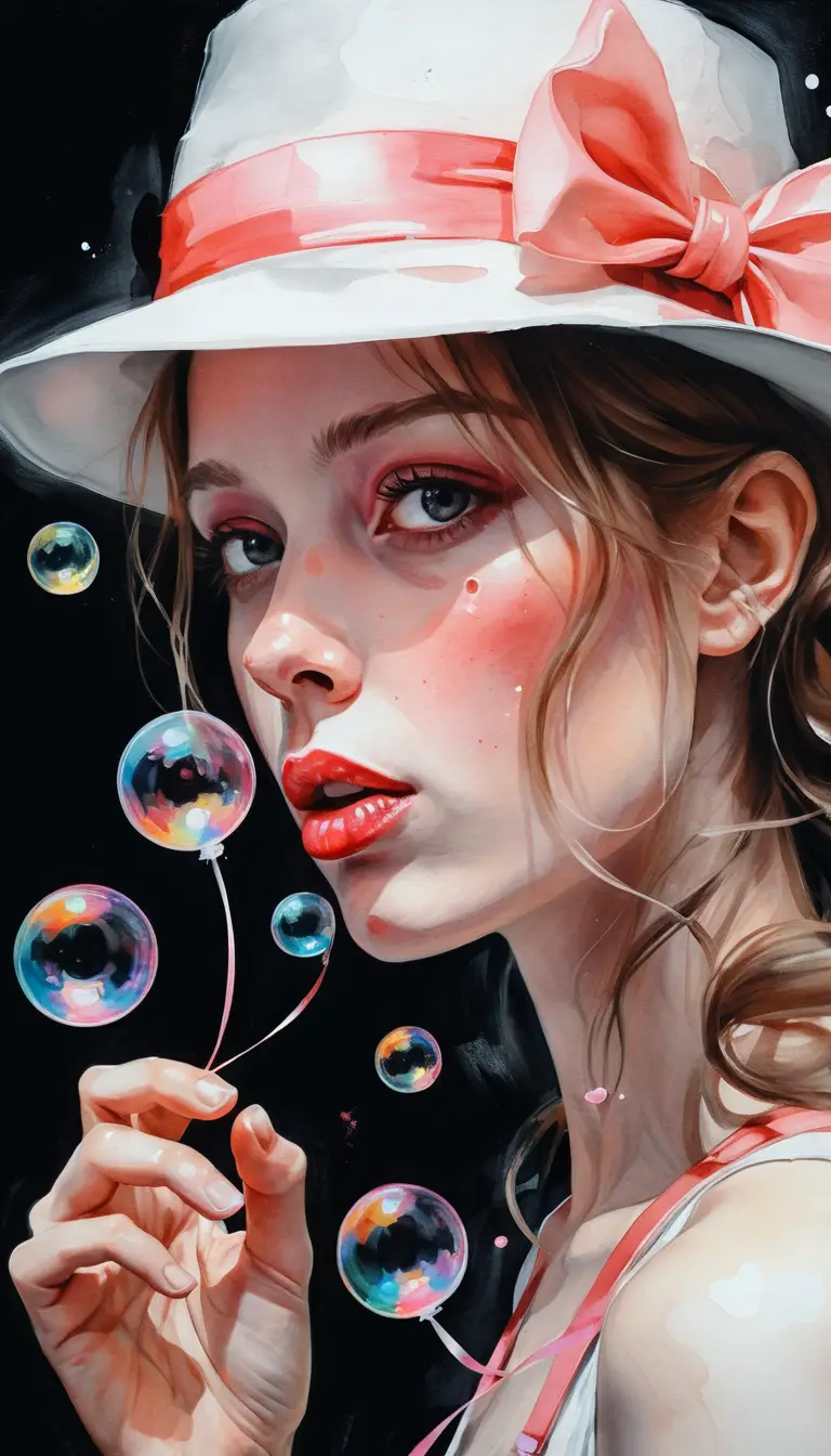A woman in a small hat blows bubbles and sends hearts into ribbons